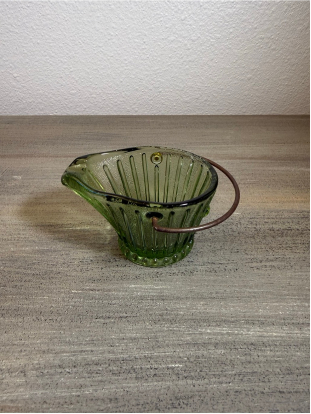 Vtg Hazel Atlas olive green depression glass mini coal bucket ashtray toothpicks